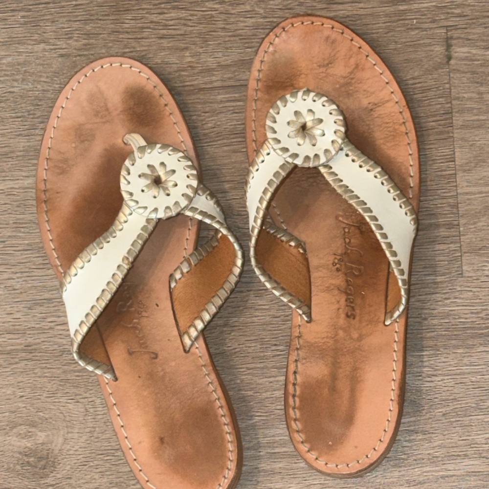 Jack Rogers Cream Leather Whipstitch Medallion Sandals